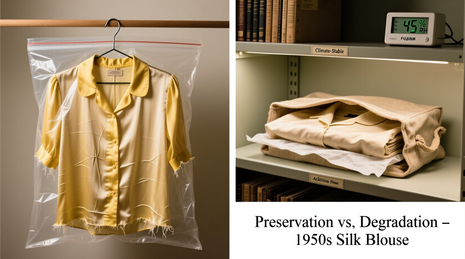 Side-by-side comparison: left shows vintage blouse hung on wire hanger inside clear plastic bag, yellowed at shoulders; right shows same blouse folded in acid-free tissue inside cotton twill bag on climate-stable shelf with hygrometer visible
