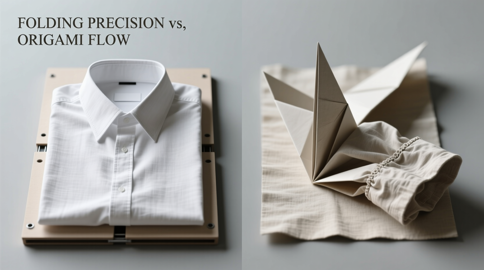 Side-by-side comparison: a rigid folding board with a crisp, symmetrical linen shirt fold beside a soft origami mat showing blurred, asymmetrical folds and visible fabric bunching at the sleeve seam