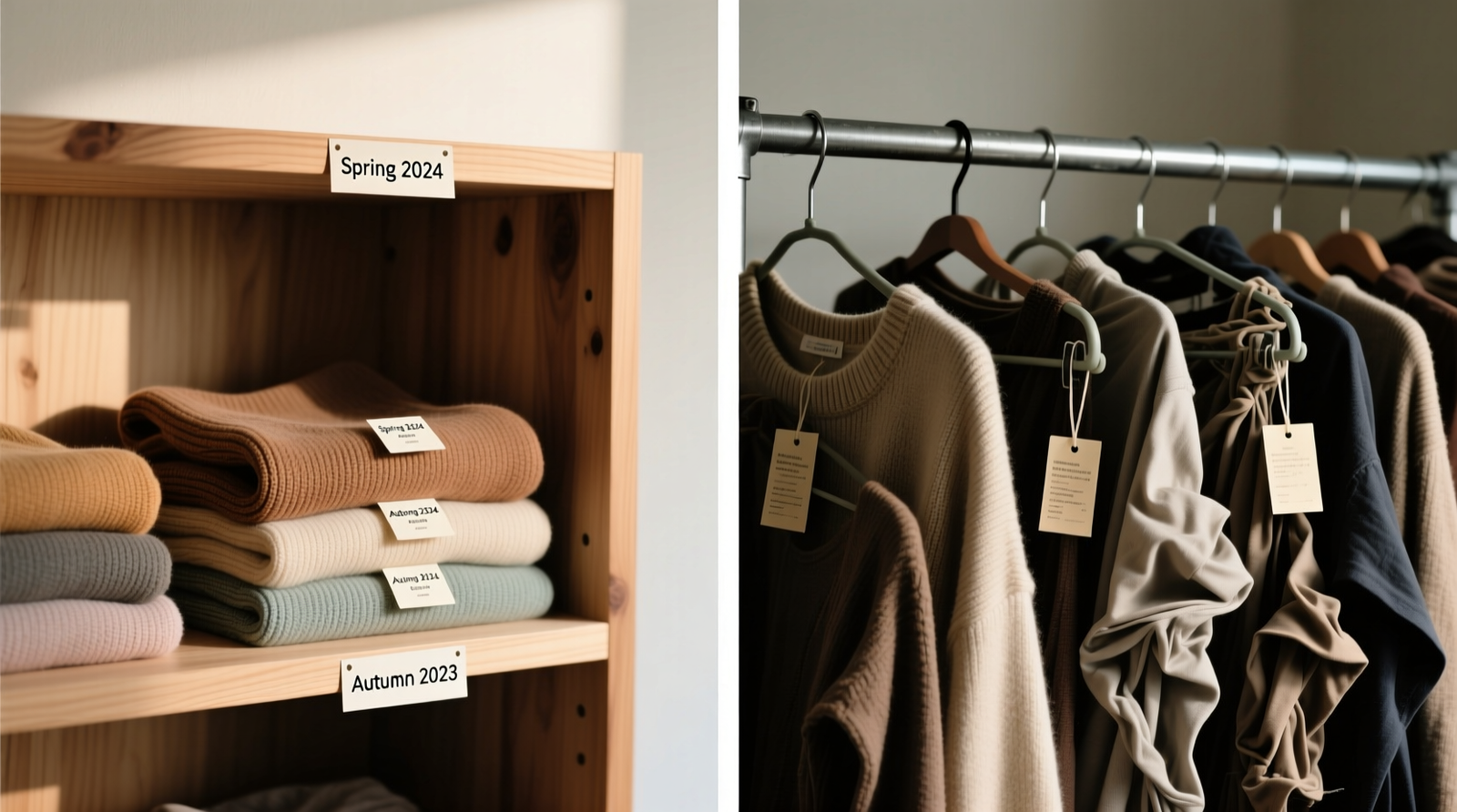Side-by-side comparison: left shows neatly stacked folded sweaters in a shallow cedar-lined shelf, each labeled with seasonal rotation tags; right shows stretched shoulders and drooping sleeves on a crowded metal hanging rack