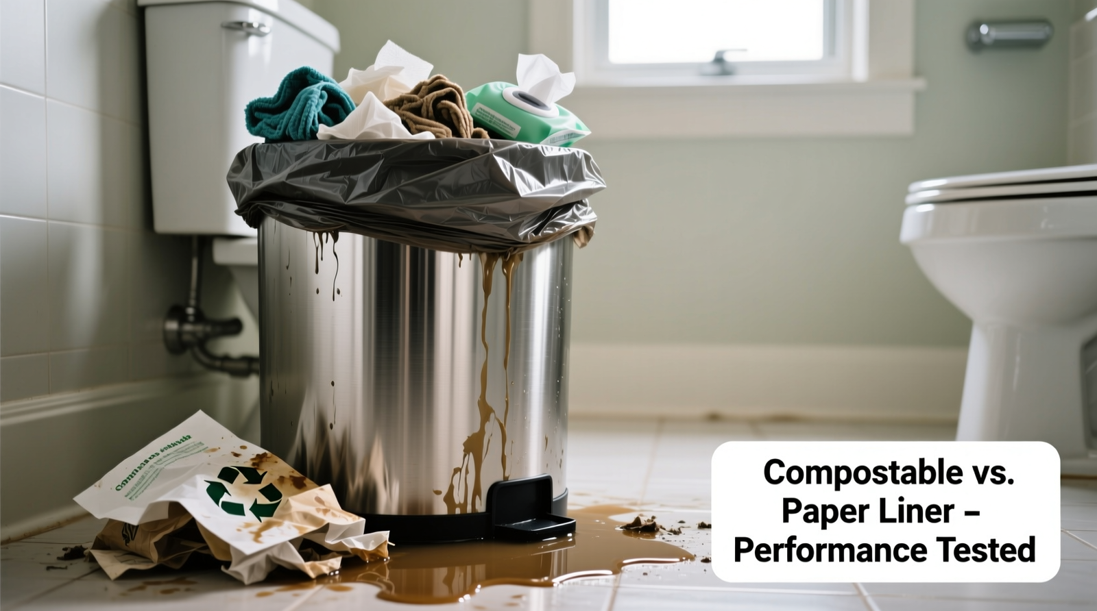 Side-by-side comparison: a compostable trash bag fully supporting damp cleaning waste in a stainless steel bathroom bin versus a recycled paper liner collapsed at the bottom, leaking moisture onto the bin floor