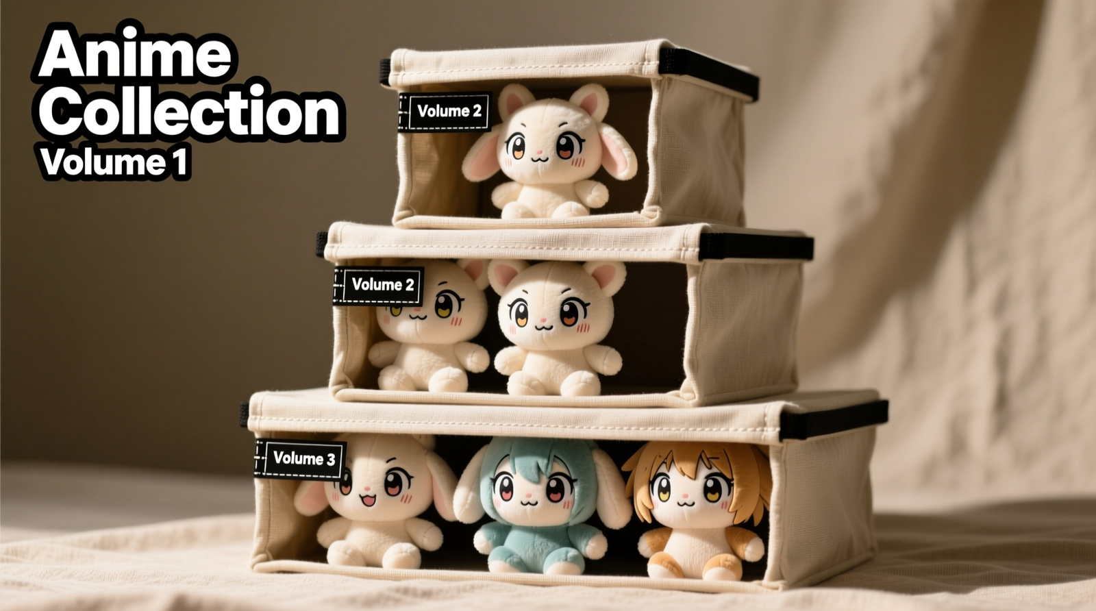 Three neatly stacked, labeled cotton-canvas storage cubes holding anime plushies upright—each plush facing forward, fully plump, with visible stitch detail and no flattening at ears or limbs