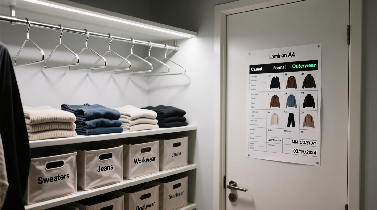 A compact, well-lit closet with uniformly spaced hangers, labeled fabric bins on lower shelves, and a laminated A4 grid mounted beside the door showing 28 clothing items organized by category and last-worn date