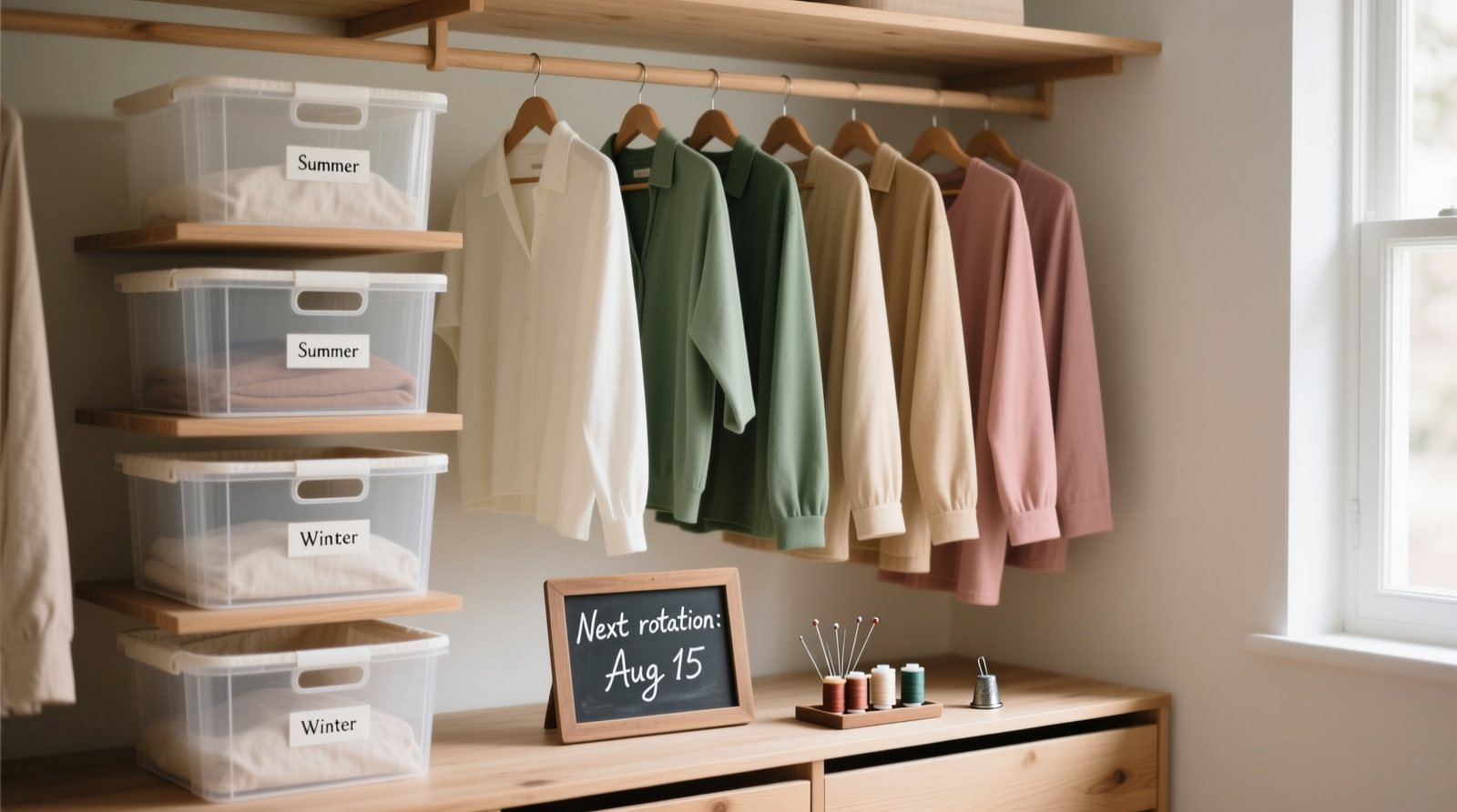 A minimalist closet section showing labeled archival sleeves with fabric swatches, a compact wall-mounted caddy holding sewing tools, and a clearly defined rotation rack with uniform hangers facing forward