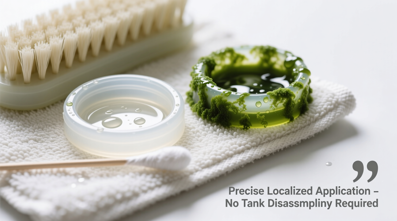 Close-up photo showing a clean, translucent silicone seal beside an algae-stained one, with a soft nylon brush and cotton swab resting on a damp towel—demonstrating precise, localized application without tank disassembly