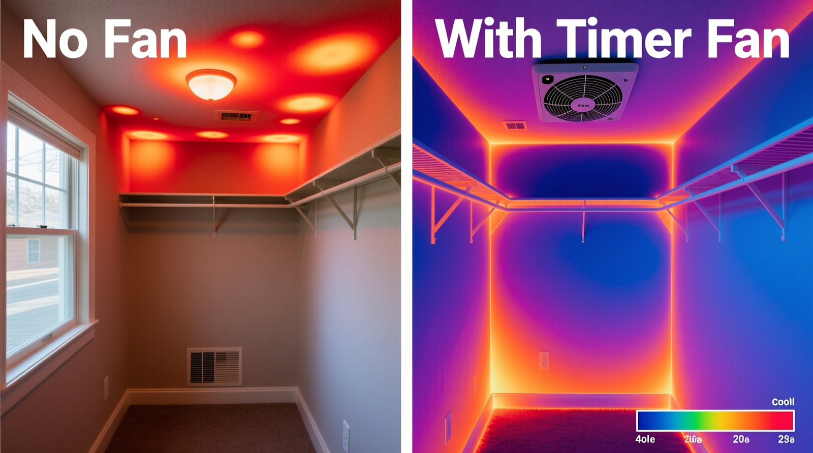 Side-by-side infrared thermal images showing temperature gradient collapse in a windowless closet after installing a ceiling-mounted timer fan versus no fan—highlighting uniform surface cooling and absence of cold spots where condensation forms