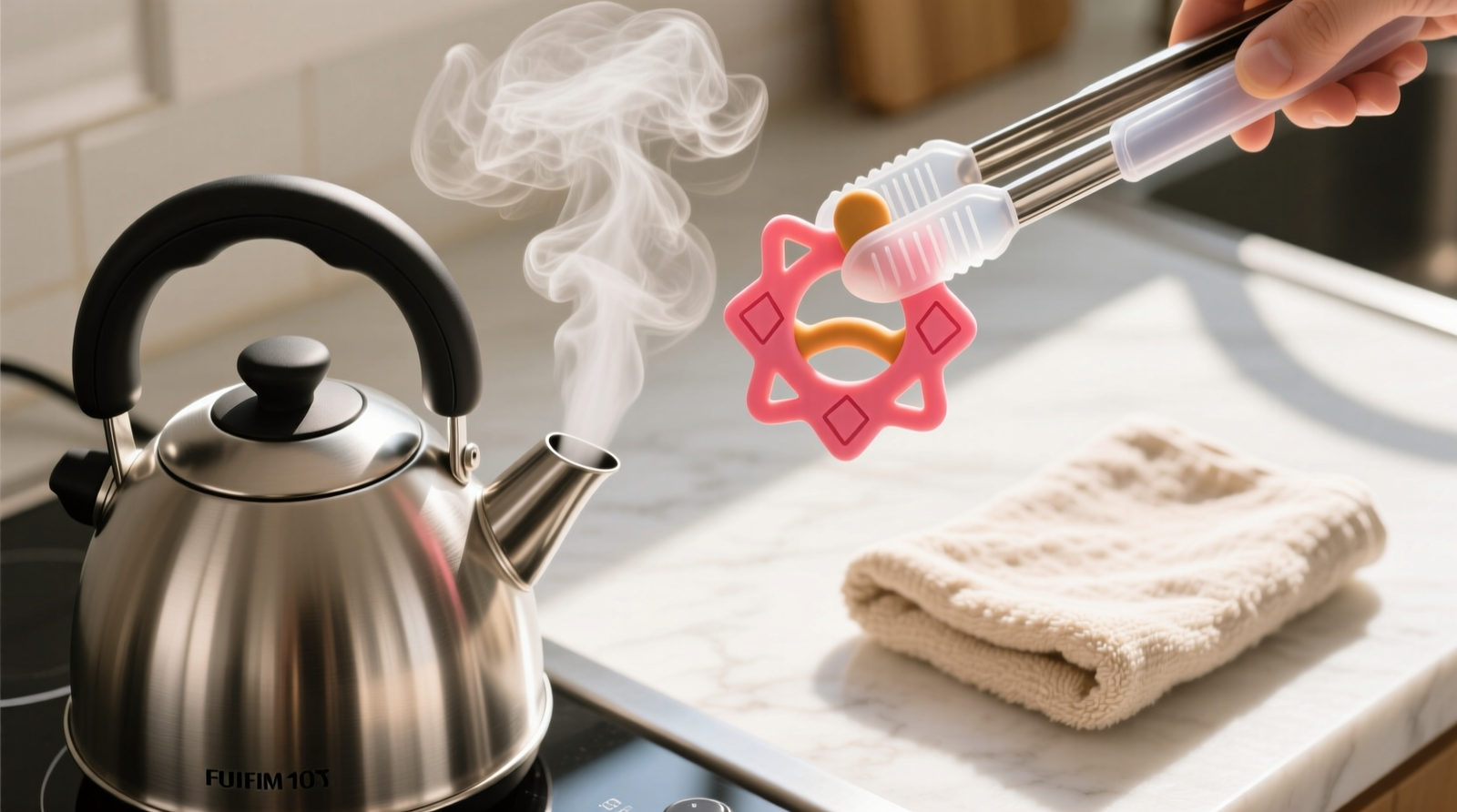 Overhead photo of a stainless steel electric kettle emitting visible steam, with a brightly colored silicone teether held 7 inches above the spout using silicone-tipped tongs; background shows a clean, sunlit countertop with folded cotton towel nearby