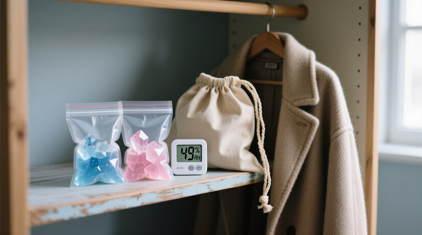 Two silica gel dehumidifier bags resting on a wooden closet shelf beside a draped wool coat in a breathable cotton garment bag, with a digital hygrometer reading 49% RH visible in the background
