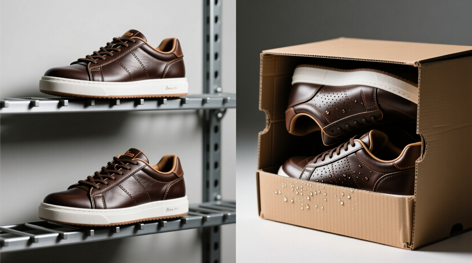 Side-by-side comparison: leather sneakers on a powder-coated steel rack with 4mm horizontal slots versus identical sneakers crammed into a closed cardboard box, showing visible condensation on inner box walls and subtle whitening at the sneaker's vamp seam
