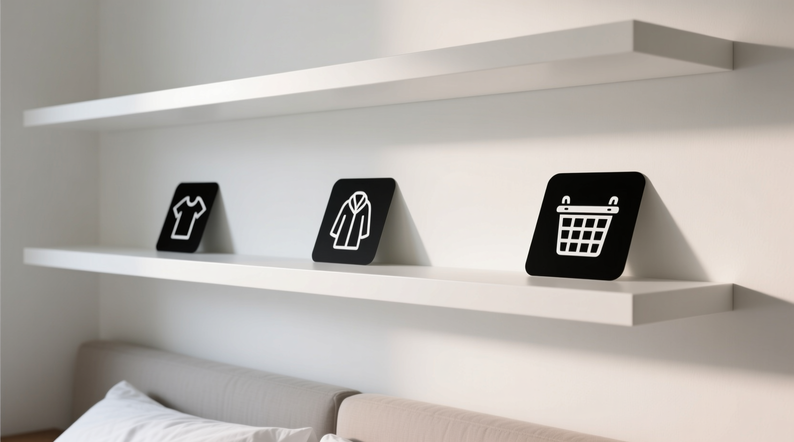 A minimalist closet shelf with three matte black adhesive labels: one showing a simple shirt icon (👕), one with a coat icon (🧥), and one with a laundry basket icon (🧺); all placed cleanly at the front edge of white shelves, no text, no color coding, no overlapping elements
