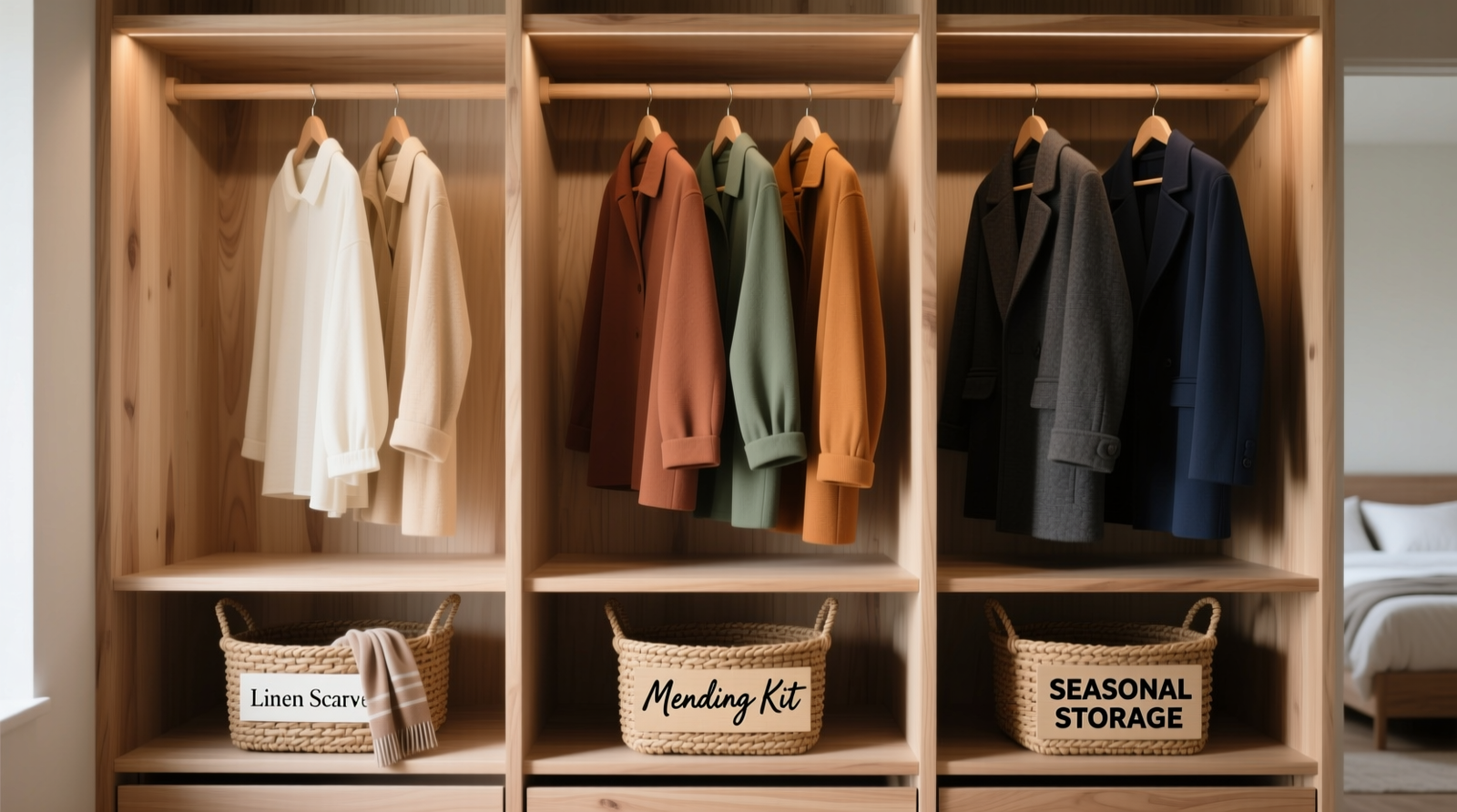A cedar-lined closet with three distinct hanging zones: pale neutral bases on left, earth-toned mid-layers center, and structured outerwear on right—all arranged in soft color gradients; woven baskets labeled 'Linen Scarves', 'Mending Kit', and 'Seasonal Storage' sit neatly on lower shelves