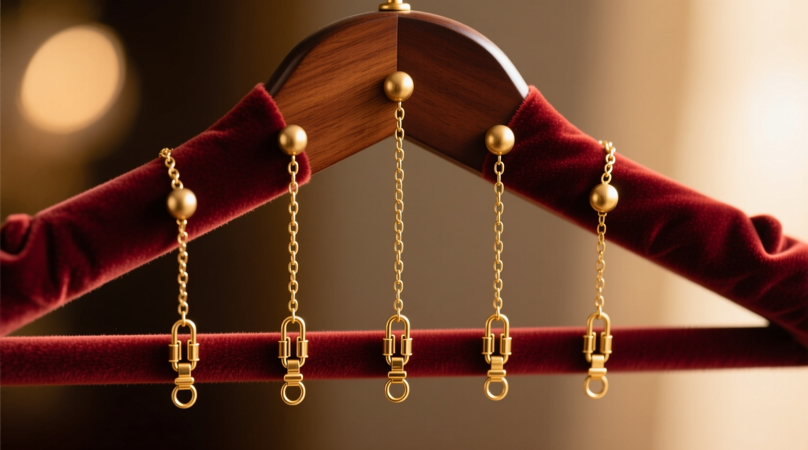Close-up of a velvet-covered wooden jewelry hanger showing six fine gold chains suspended individually on rounded, spaced hooks—no overlapping, no twisting, each clasp fully open and resting cleanly