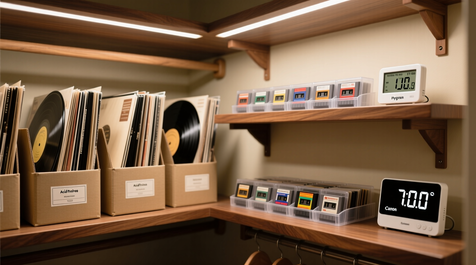A well-organized closet interior showing vertical vinyl records in archival sleeves on a solid-wood shelf, adjacent to labeled polypropylene cartridge boxes inside a louvered, opaque cabinet with a digital hygrometer mounted on the door