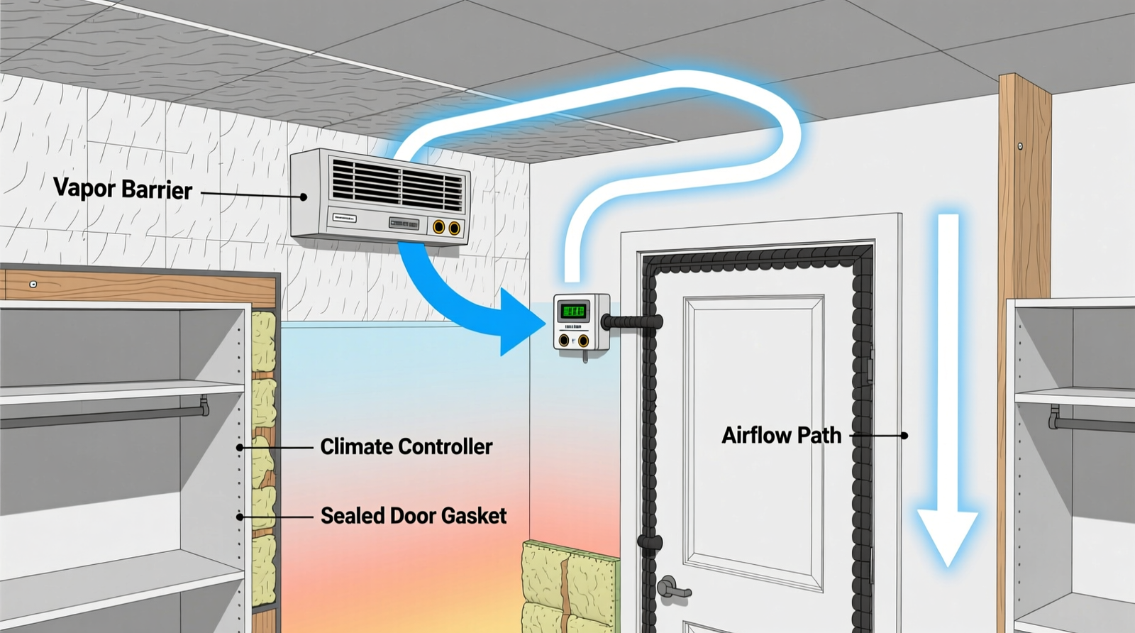 Cross-section diagram showing a basement closet with vapor barrier lining, mounted climate controller at eye level, sealed door gasket, and airflow arrows circulating conditioned air within the enclosed space