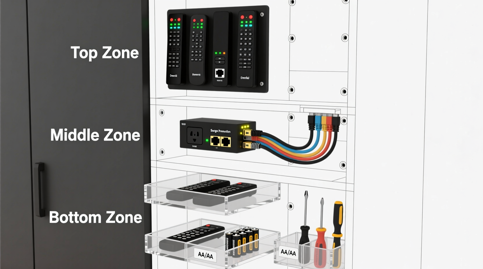 Cross-section diagram of an AV cabinet showing three labeled vertical zones: Top Zone with mounted smart hubs and remotes facing forward; Middle Zone with power strip, network switch, and neatly routed Ethernet/HDMI cables exiting through grommets; Bottom Zone with clear acrylic trays holding spare remotes, batteries, and calibration tools.