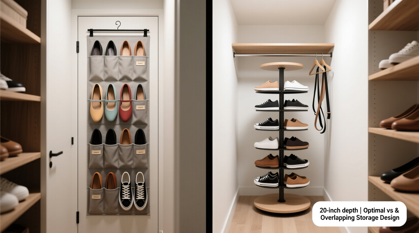 Side-by-side comparison showing a narrow 20-inch-deep closet: left side features a fabric hanging shoe pocket mounted on the door with neatly arranged flats and sneakers; right side shows a rotating carousel rack partially obstructing hanging space and requiring 22 inches of clear floor radius