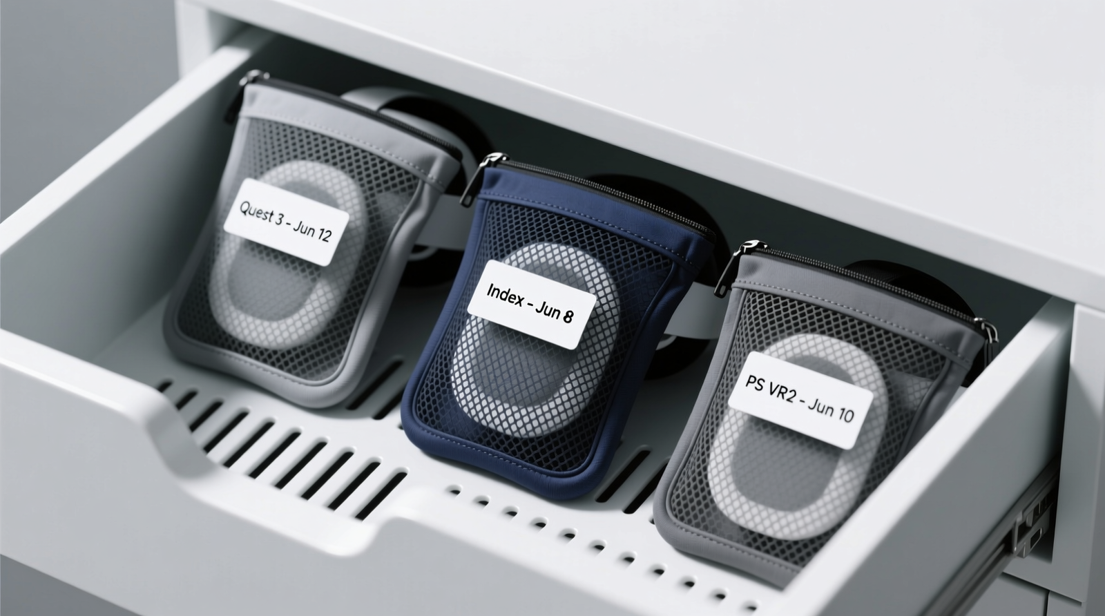 Three antimicrobial mesh pouches—gray, navy, and charcoal—standing upright in a shallow, white ventilated drawer with subtle airflow perforations; each pouch holds a VR facial interface pad visible through the fine mesh; labels on pouch fronts read 'Quest 3 – Jun 12', 'Index – Jun 8', 'PS VR2 – Jun 10'