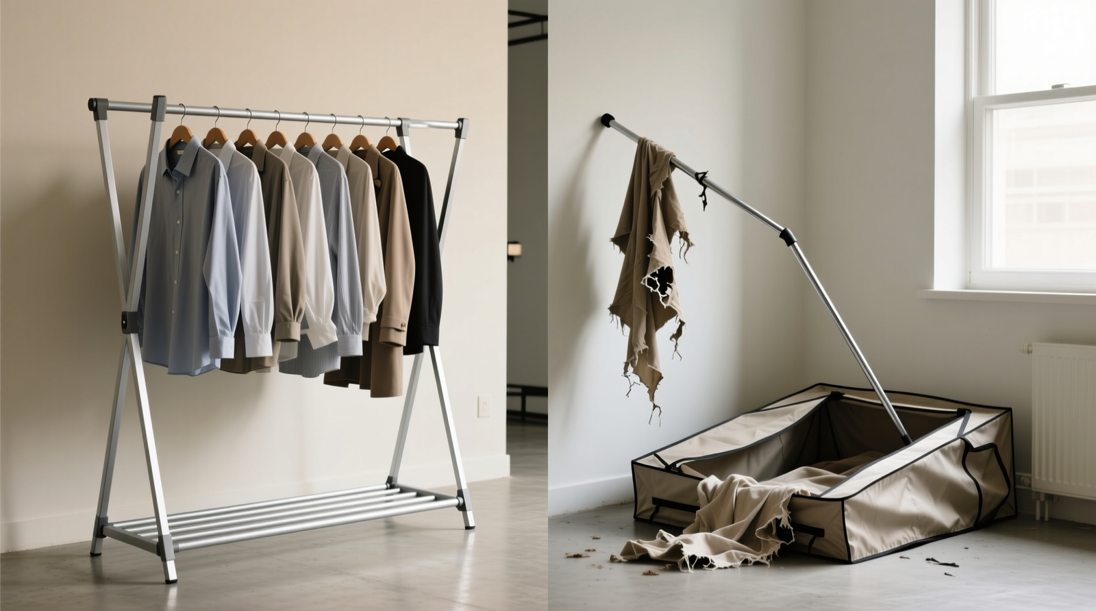 Side-by-side photo showing a sleek aluminum foldable garment rack holding 14 items in a compact studio apartment, next to a collapsed portable hanging closet with torn fabric and bent poles in the corner