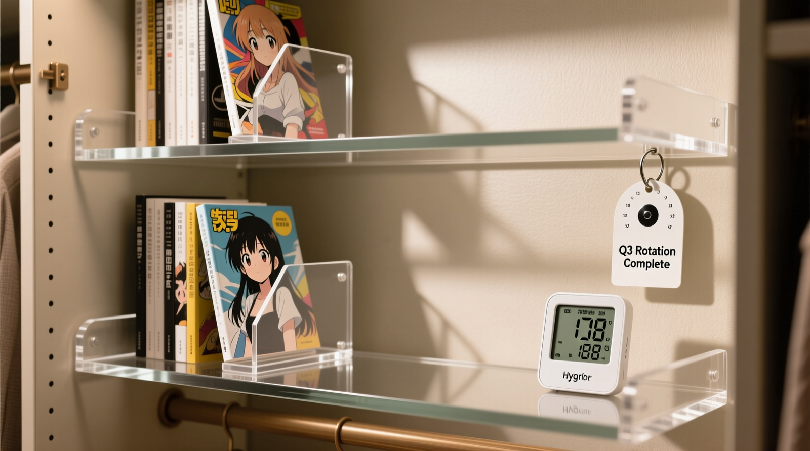 Side-view diagram showing three anime art books standing upright on a shelf with archival foam cradles beneath each, spaced precisely 1.2 cm apart; arrows indicate zero lateral contact between spines and even vertical alignment
