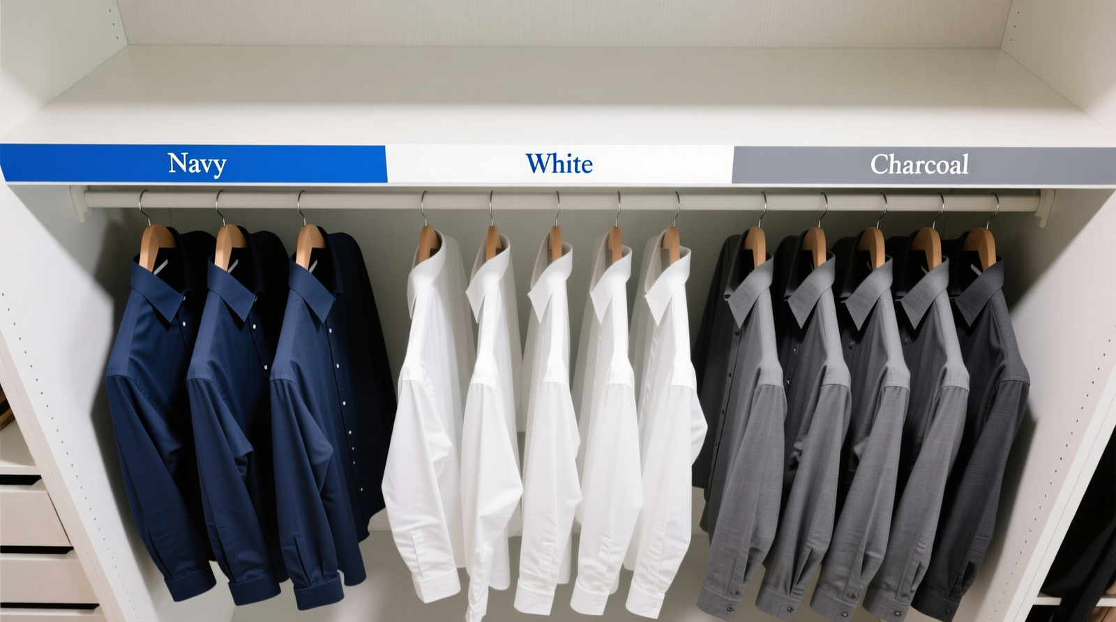 Overhead view of a closet with clearly labeled color zones: navy shirts hung under a navy tape strip, white shirts under white tape, charcoal under grey tape—each group neatly spaced and facing same direction
