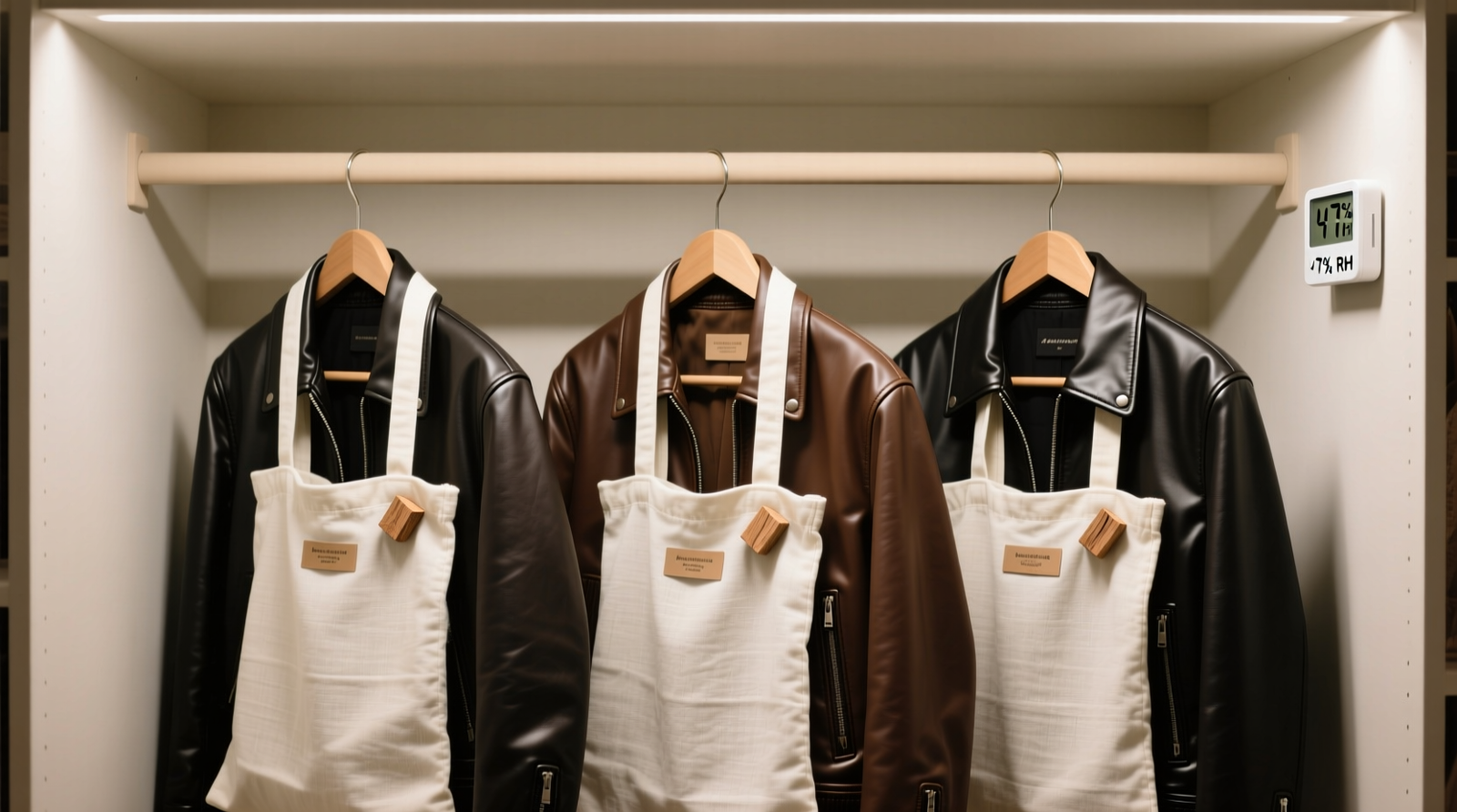 A well-organized closet showing three leather jackets hung on wide, padded hangers inside off-white linen garment bags; small, unlabeled cedar blocks visible tucked into the top seam of each bag; background shows consistent spacing, no sunlight, and a hygrometer reading 47% RH
