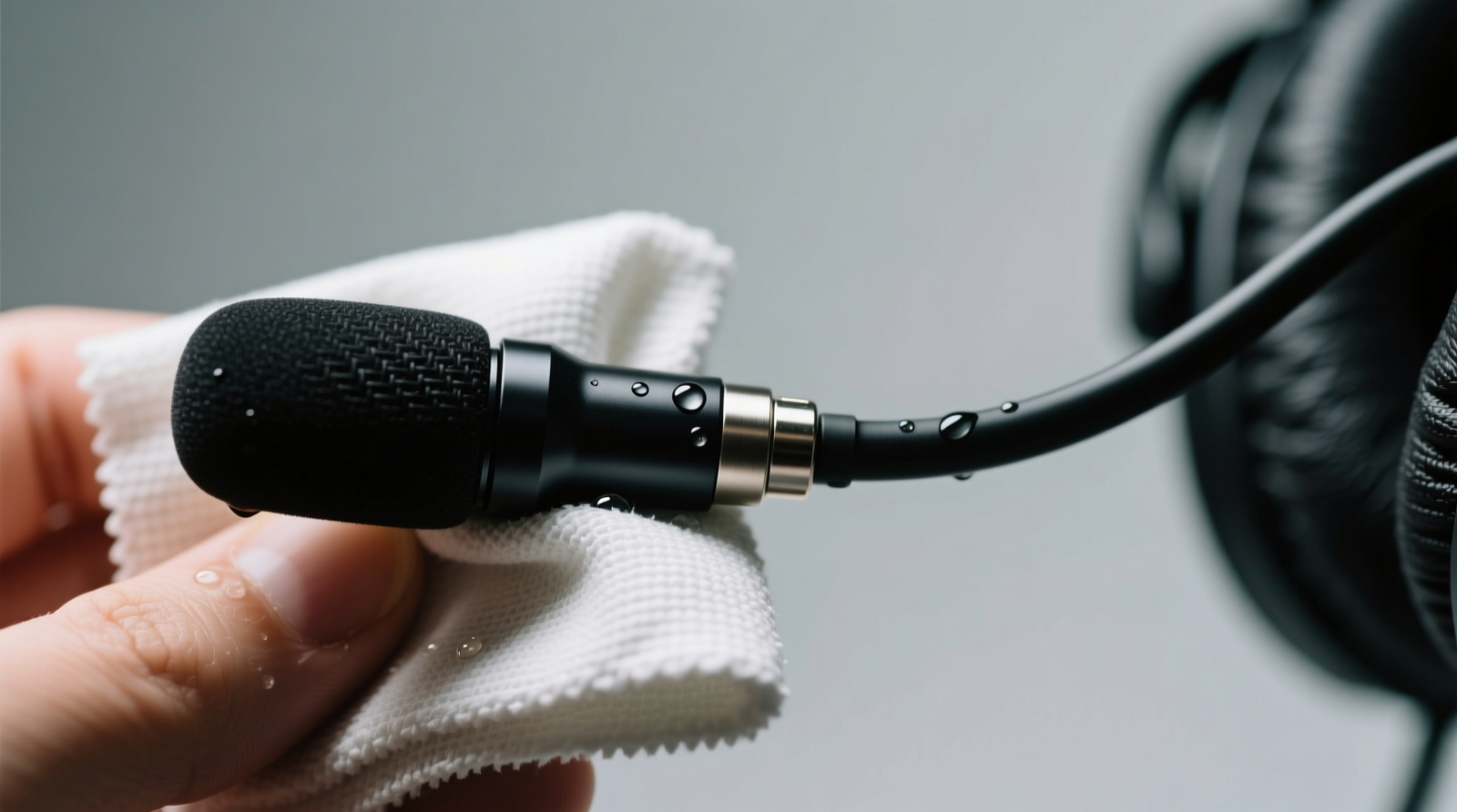 Close-up photo showing a bent gaming headset mic boom being gently wiped with a folded microfiber cloth dampened at one corner; visible droplets are absent, and the surface reflects soft, even light—no streaks or smudges.
