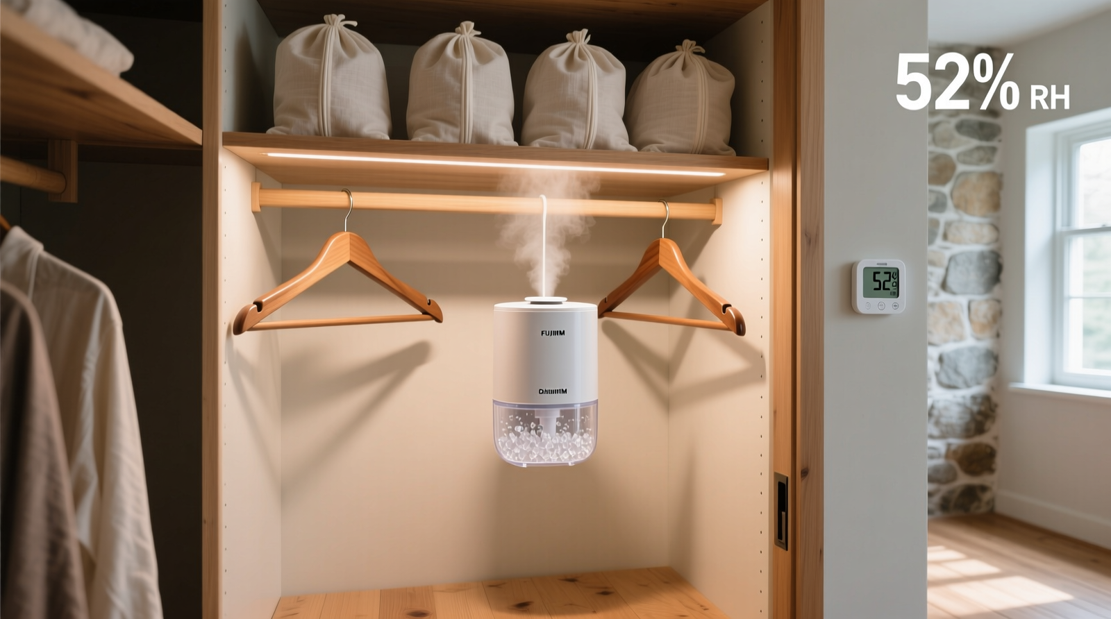 A compact, labeled closet showing a hanging calcium chloride dehumidifier pod suspended between cedar hangers, with cotton garment bags on shelves and a digital hygrometer mounted on the door frame reading 52% RH
