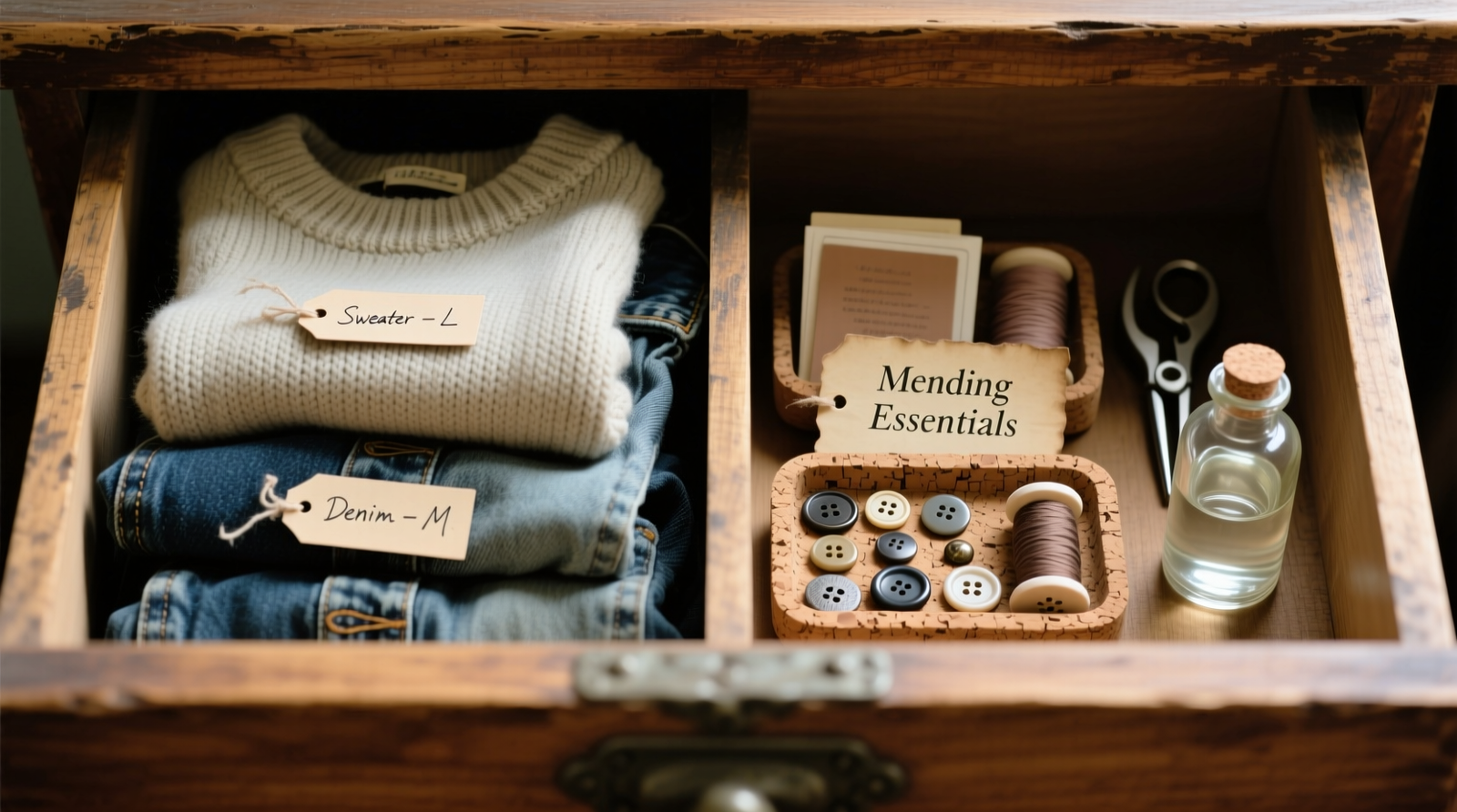 A shallow wooden drawer divided into two equal sections: left side holds folded secondhand sweaters and denim jackets with small fabric-swipe tags; right side contains a compact, labeled repair kit with visible thread cards, cork-backed button tray, and glass glue vial—all under soft LED lighting