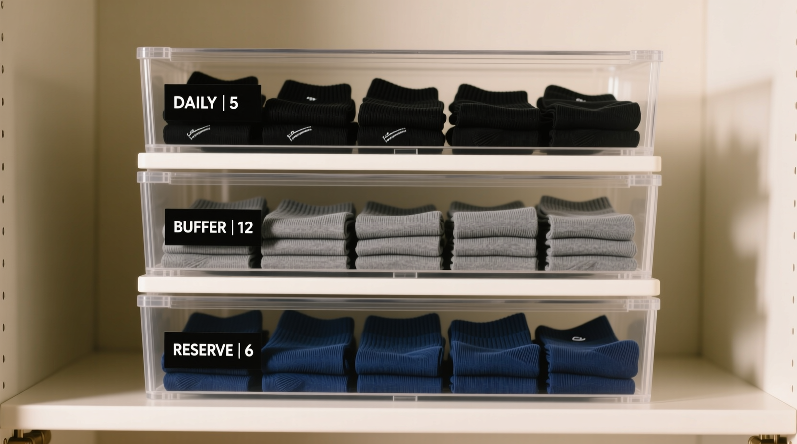 A streamlined closet showing seven identical matte-black hangers holding coordinated menswear, with a compact white rolling cart positioned to the right containing neatly folded knitwear on the top shelf, fabric bins labeled 'Socks', 'Belts', and 'Underwear' on the middle shelf, and a single navy travel pouch on the bottom shelf.