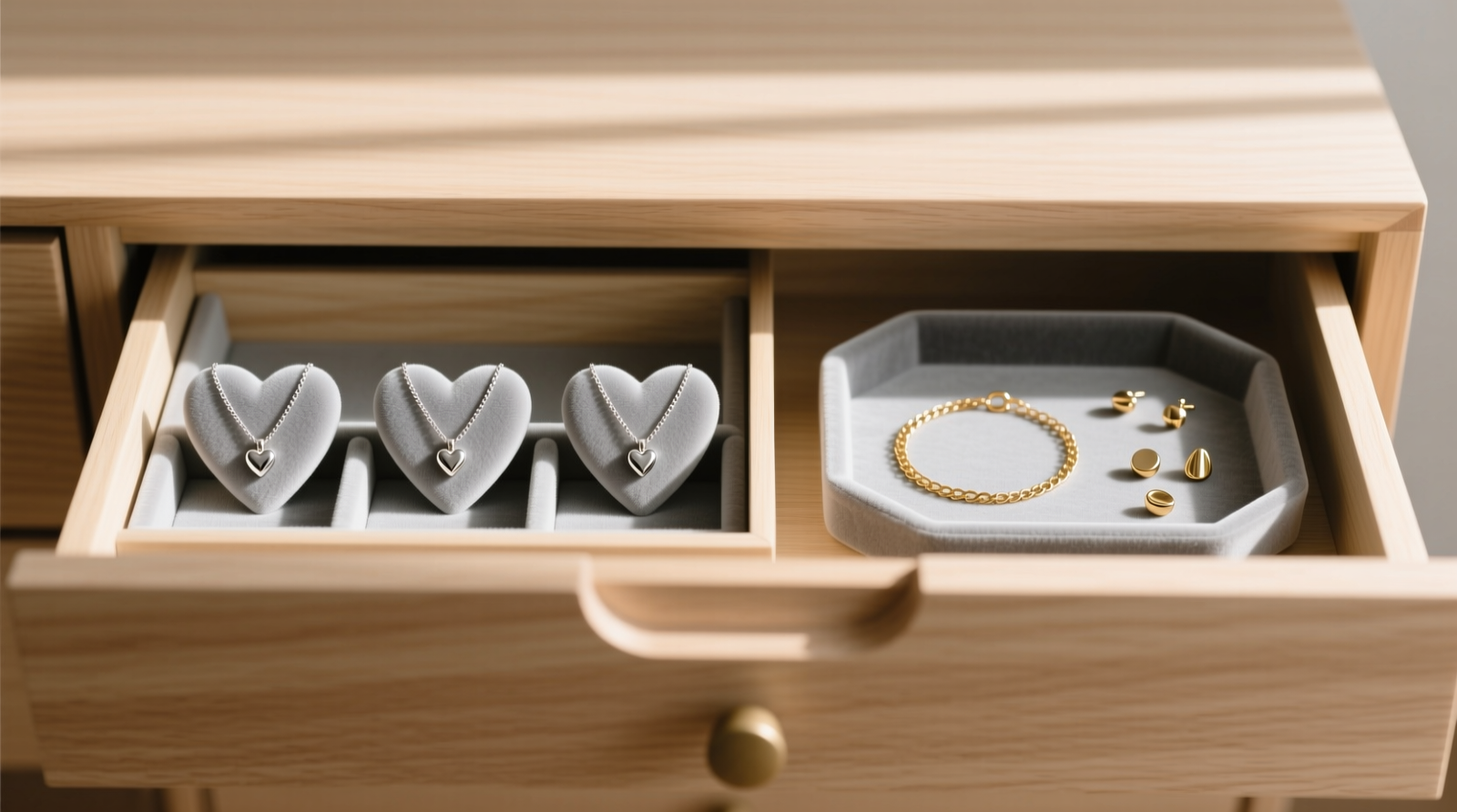 A minimalist, light-wood drawer half-open to reveal two distinct compartments: left side holds three heart urn necklaces upright in individual microfiber-lined slots; right side displays everyday gold chains and stud earrings on a soft gray velvet tray. No labels, no mirrors, no visible text.
