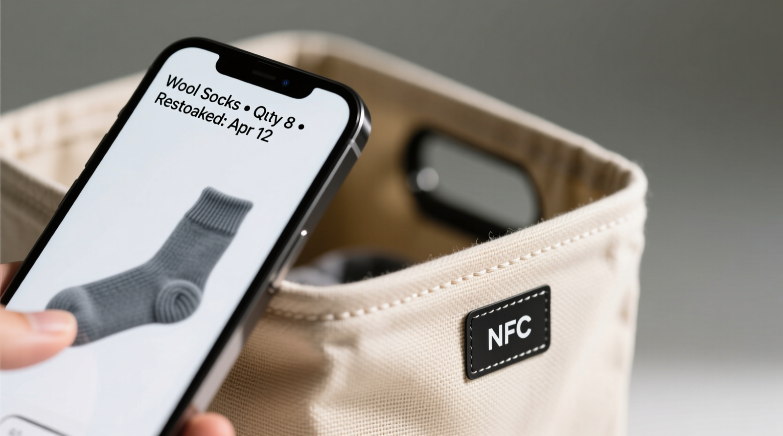 Close-up photo of a fabric storage bin with a small, matte black NFC sticker affixed to its lower front right corner; a smartphone is shown mid-tap, screen displaying 'Wool Socks • Qty 8 • Restocked: Apr 12'