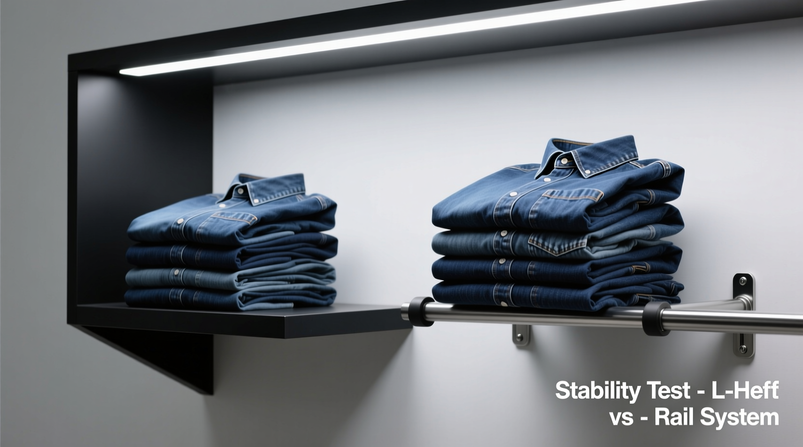 Side-by-side comparison showing a neatly folded denim stack secured by a matte-black, L-shaped shelf divider with rubberized base versus an identical stack on an adjustable metal rail missing rear stoppers—denim layers visibly leaning forward in the latter