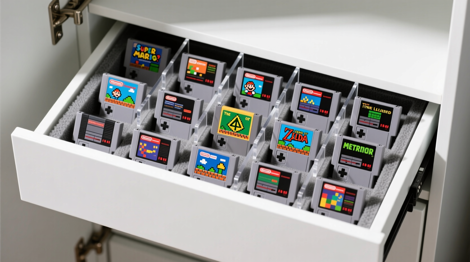 Top-down view of a white closet drawer lined with gray closed-cell foam, holding 12 Nintendo Entertainment System cartridges upright behind transparent acrylic dividers; each cartridge displays crisp, unscuffed label art facing forward