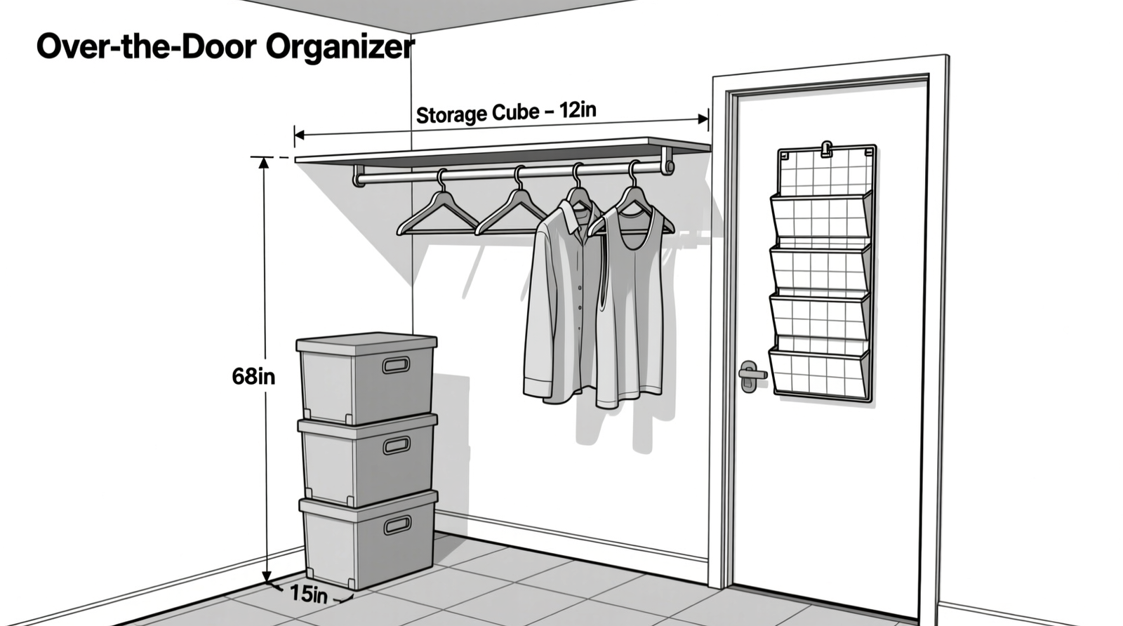 Side-view diagram of a 24-inch-wide closet showing a single rod at 68 inches, garments hung with uniform hangers spaced 1.5 inches apart, and three 12-inch-tall rigid storage cubes stacked vertically on the floor against the back wall, with an over-the-door organizer mounted on the closet door