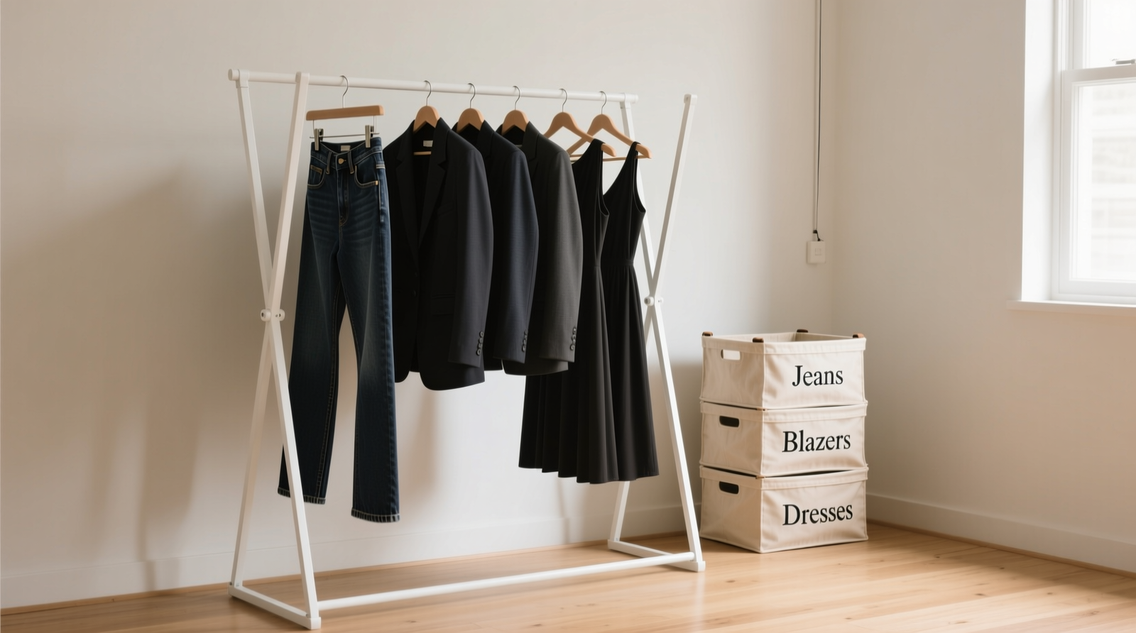 A minimalist white foldable garment rack holding 12 neatly hung items—jeans, blazers, dresses—with labeled canvas bins stacked beside it on light hardwood flooring. No wall attachments, no visible clutter.