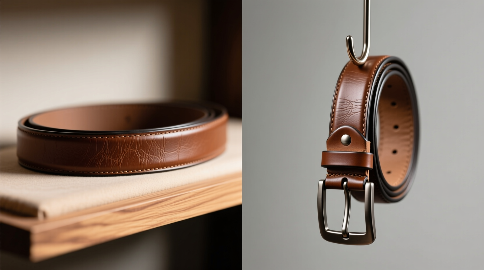 Side-by-side comparison: leather belt lying flat on a padded wooden rack versus same belt dangling from a thin metal hook, highlighting visible kink at keeper loop and subtle buckle distortion