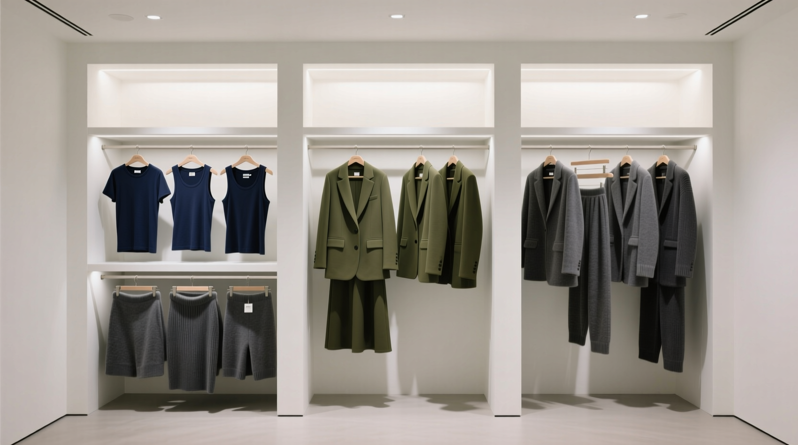 A minimalist closet showing three clearly separated hanging sections: navy-hung Ready-to-Wear tees and tanks, olive-hung Style-Anchor blazers and skirts, and charcoal-hung Recovery Rotation soft-knit sets—all arranged by color family within each zone, with no visible tags or fasteners