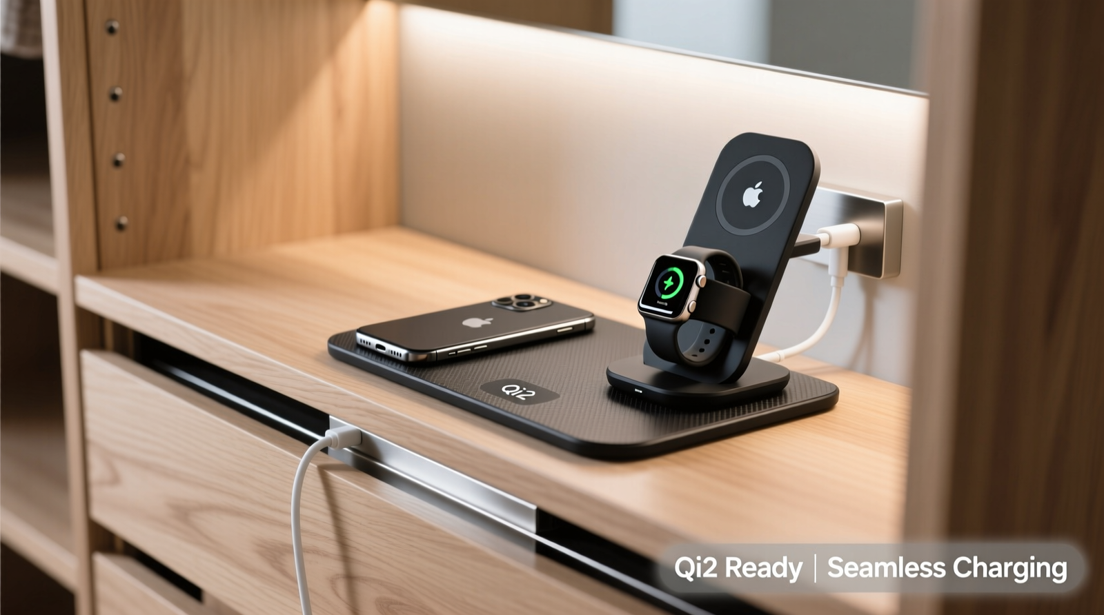 A light oak closet vanity with a seamless matte-black wireless charging pad mounted vertically on its right edge, holding an Apple Watch on a contoured silicone cradle and an iPhone lying flat on a textured Qi2 surface; clean white cables disappear into a brushed-metal raceway routed behind the drawer front.