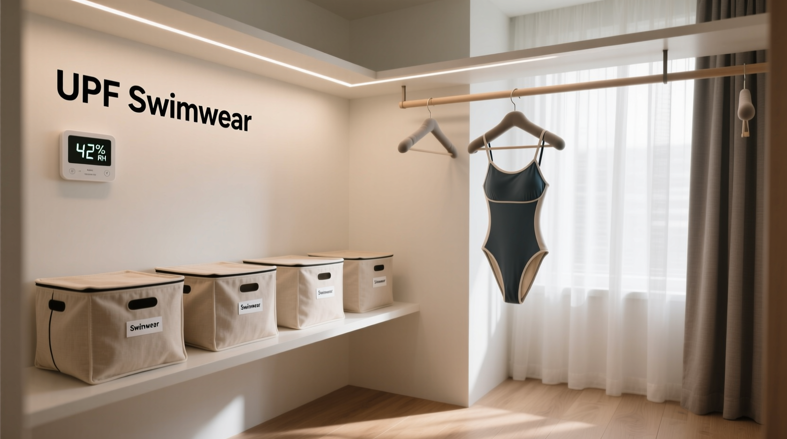 A minimalist closet section showing labeled, breathable cotton bins for UPF swimwear and padded hangers for chlorine-resistant suits, all placed inside a shaded, dehumidified closet with visible hygrometer reading 42% RH