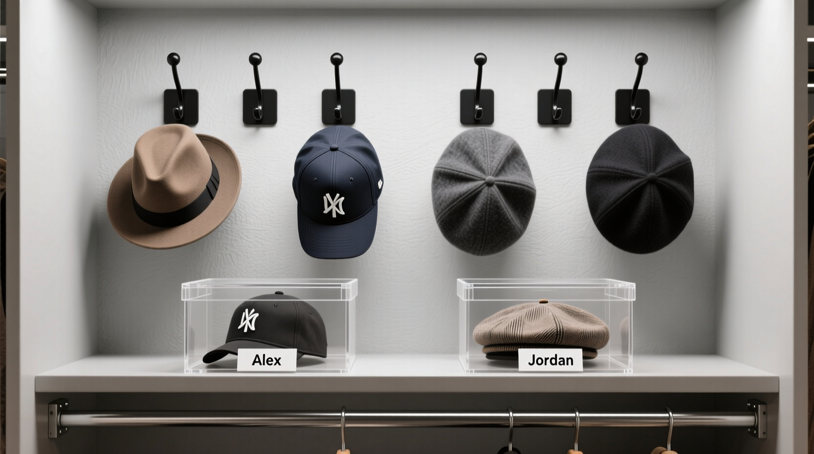Two identical clear acrylic hat boxes stacked vertically on adjustable closet shelf risers, with eight matte-black wall-mounted hooks arranged symmetrically above them—each hook holding one hat with visible brim and crown. Labels 'Alex' and 'Jordan' appear beneath respective boxes.