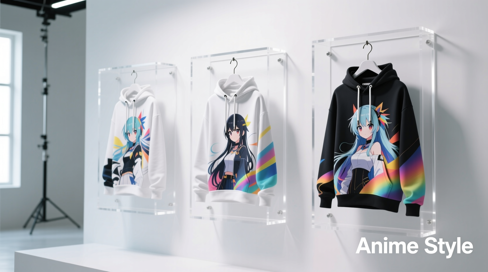 Three anime hoodies displayed on minimalist white acrylic wall stands, each hung by the drawstring loop with printed graphics fully visible and wrinkle-free; soft indirect lighting, no window glare visible