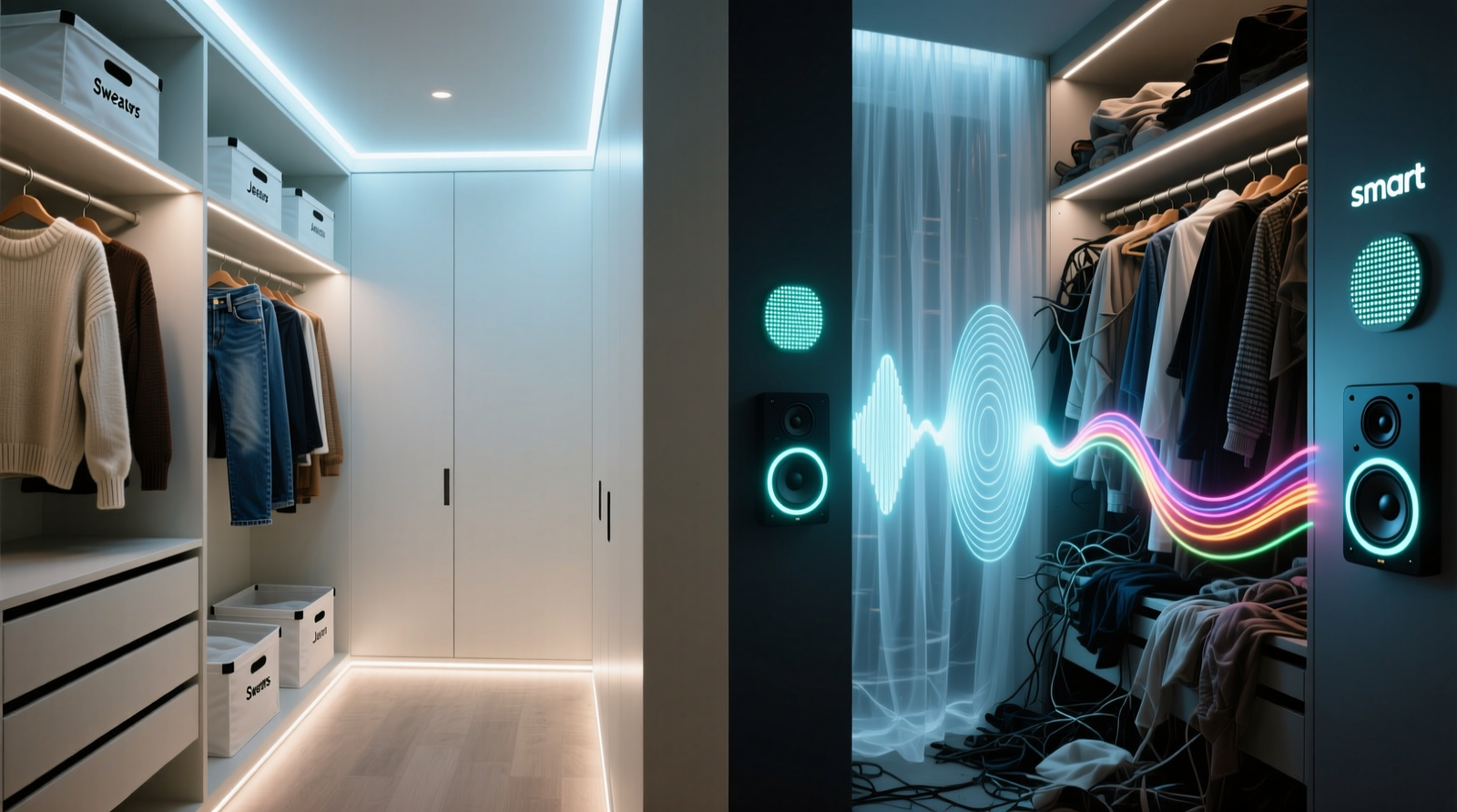 Side-by-side comparison: left shows a minimalist closet with recessed LED lighting and labeled fabric bins; right shows a cluttered 'smart' closet with visible speaker grilles vibrating against hanging garments and distorted bass lines visibly rippling thin curtain panels