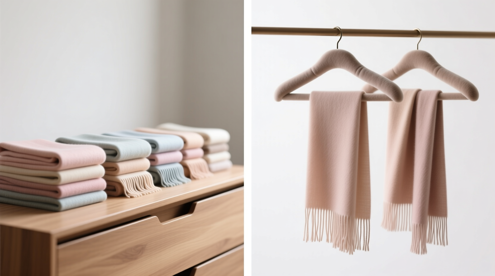 Side-by-side comparison: left shows upright folded scarves with fringe resting cleanly on drawer base; right shows scarves hung on wide padded hangers with fringe suspended freely—no contact with bar or adjacent fabric
