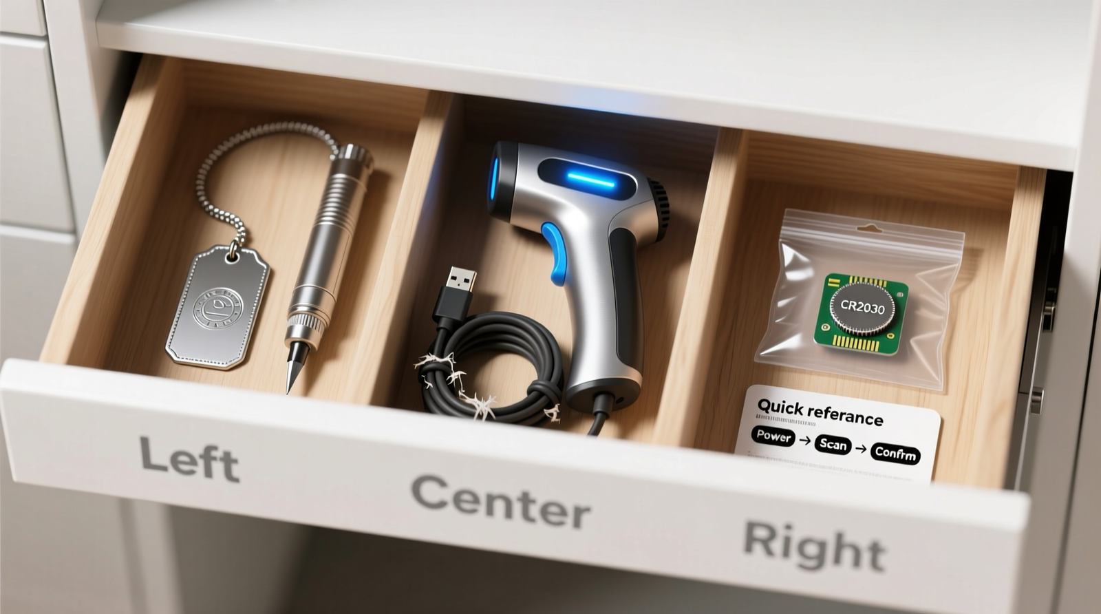 Top-down view of a shallow closet drawer divided into three labeled, rigid compartments: left holds an engraved metal tag with protective cap and a corded engraver with blade guard; center holds a handheld microchip scanner with visible battery indicator light and coiled USB-C cable beneath; right contains a sealed anti-static pouch with CR2032 batteries and laminated quick-reference card showing scanner button sequence.