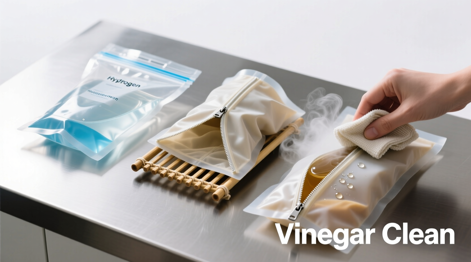 Close-up photo of a reusable silicone food bag inverted over a stainless steel drying rack, with visible clean seal line and no condensation inside—demonstrating correct air-drying posture to prevent moisture trapping at the closure