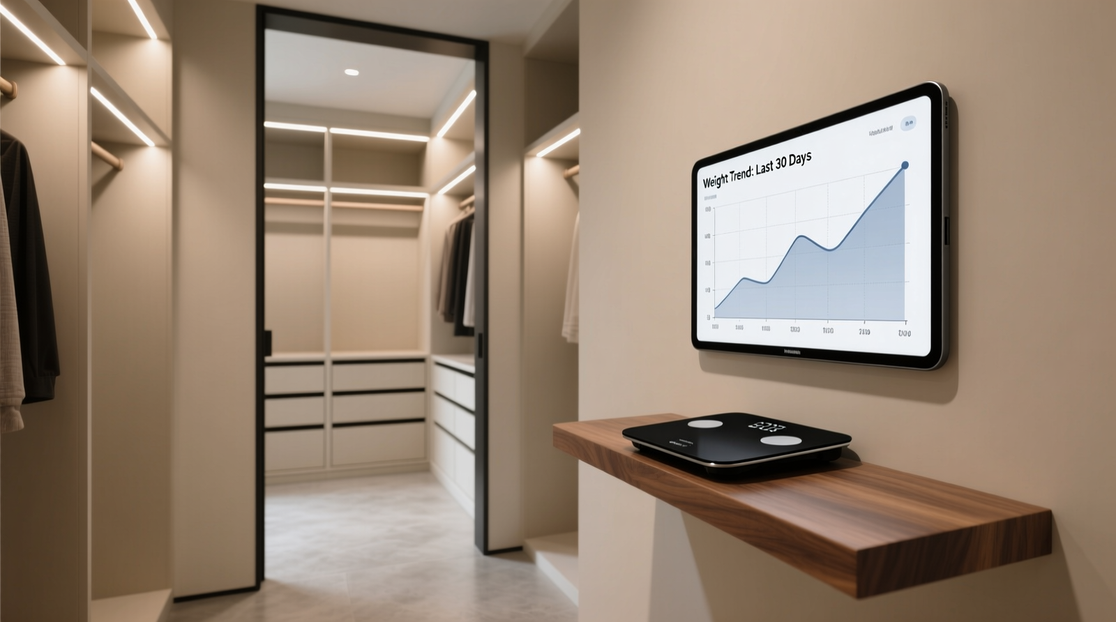 A minimalist walk-in closet with a sleek black smart scale mounted flush on a reinforced wooden shelf, positioned just inside the doorframe; a small tablet on the adjacent wall displays a clean line graph titled 'Weight Trend: Last 30 Days'