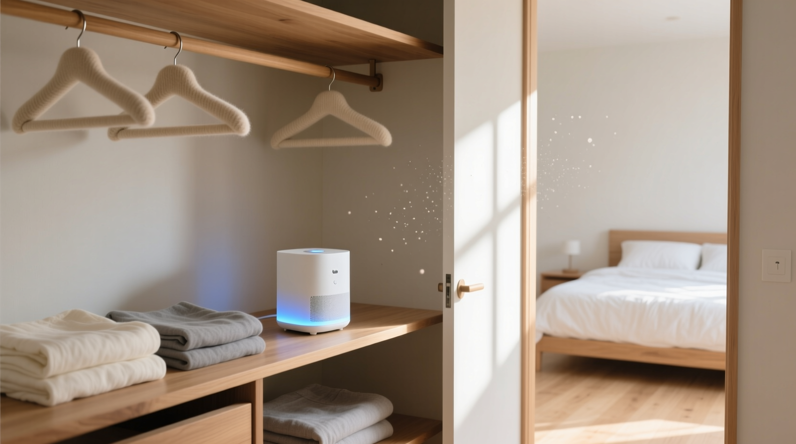 A minimalist walk-in closet with a compact white noise machine on a wooden shelf, surrounded by folded linen and soft wool hangers; closet door partially open, diffusing subtle sound into a sunlit adjacent bedroom