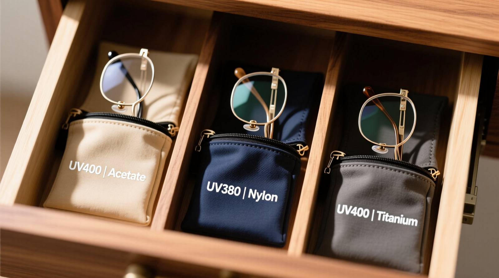 A shallow, light-colored wooden drawer with custom-cut neoprene foam dividers holding four upright hard-shell sunglass cases, each labeled with season and frame type; a small zippered accessory pouch is clipped to the drawer’s left interior wall.