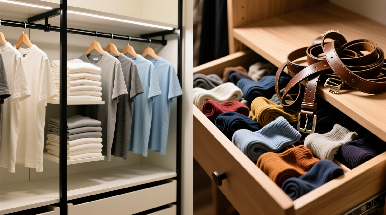 Side-by-side comparison: left shows neatly segmented cotton t-shirts standing upright on closet shelves with matte black metal dividers; right shows mismatched drawer inserts overflowing with rolled socks and tangled belts in a shallow dresser