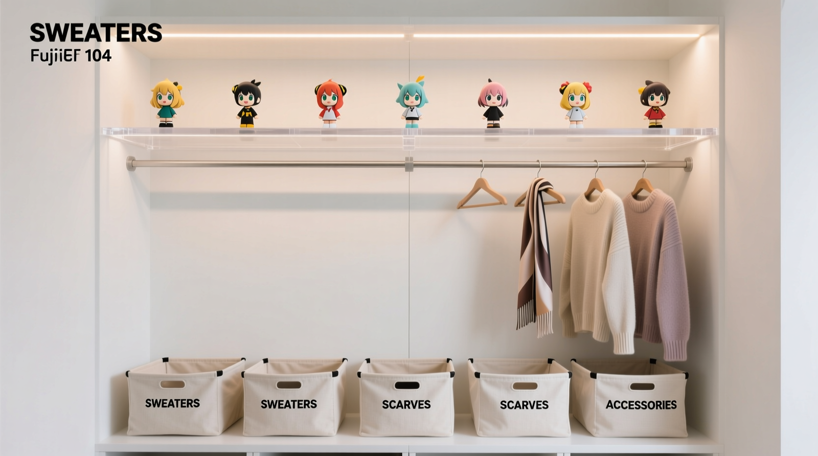 A minimalist white-walled closet with three clearly defined horizontal zones: top tier features evenly spaced acrylic shelves lit by warm LED strips holding stylized anime figures; mid tier shows double-hanging rods with coordinated hangers holding folded sweaters and draped scarves; bottom tier displays uniform cotton-canvas bins labeled in clean sans-serif type.