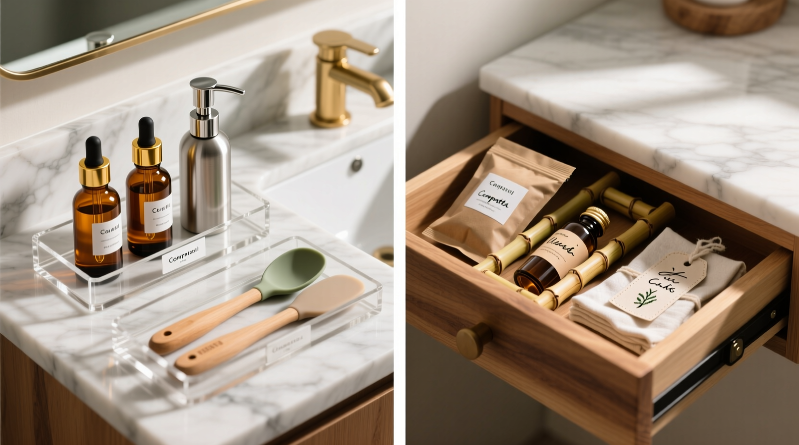Side-by-side comparison: left shows labeled acrylic trays holding amber glass dropper bottles, aluminum refill pods, and silicone spatulas on a marble vanity; right shows bamboo drawer inserts housing sealed compostable sachets, paper-labeled glass vials, and folded cotton labels inside a shallow oak drawer